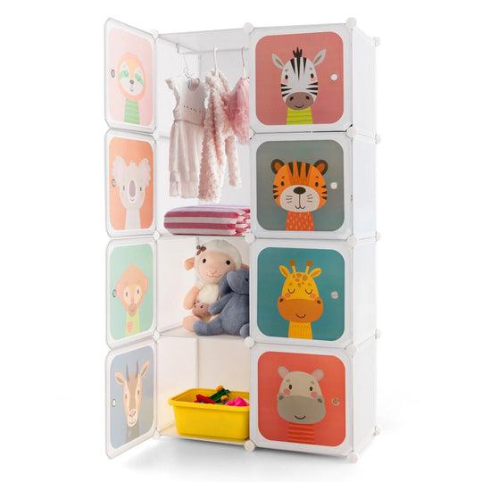 8-Cube Kids Wardrobe Closet with Clothes Hanging Section and Doors-Pink