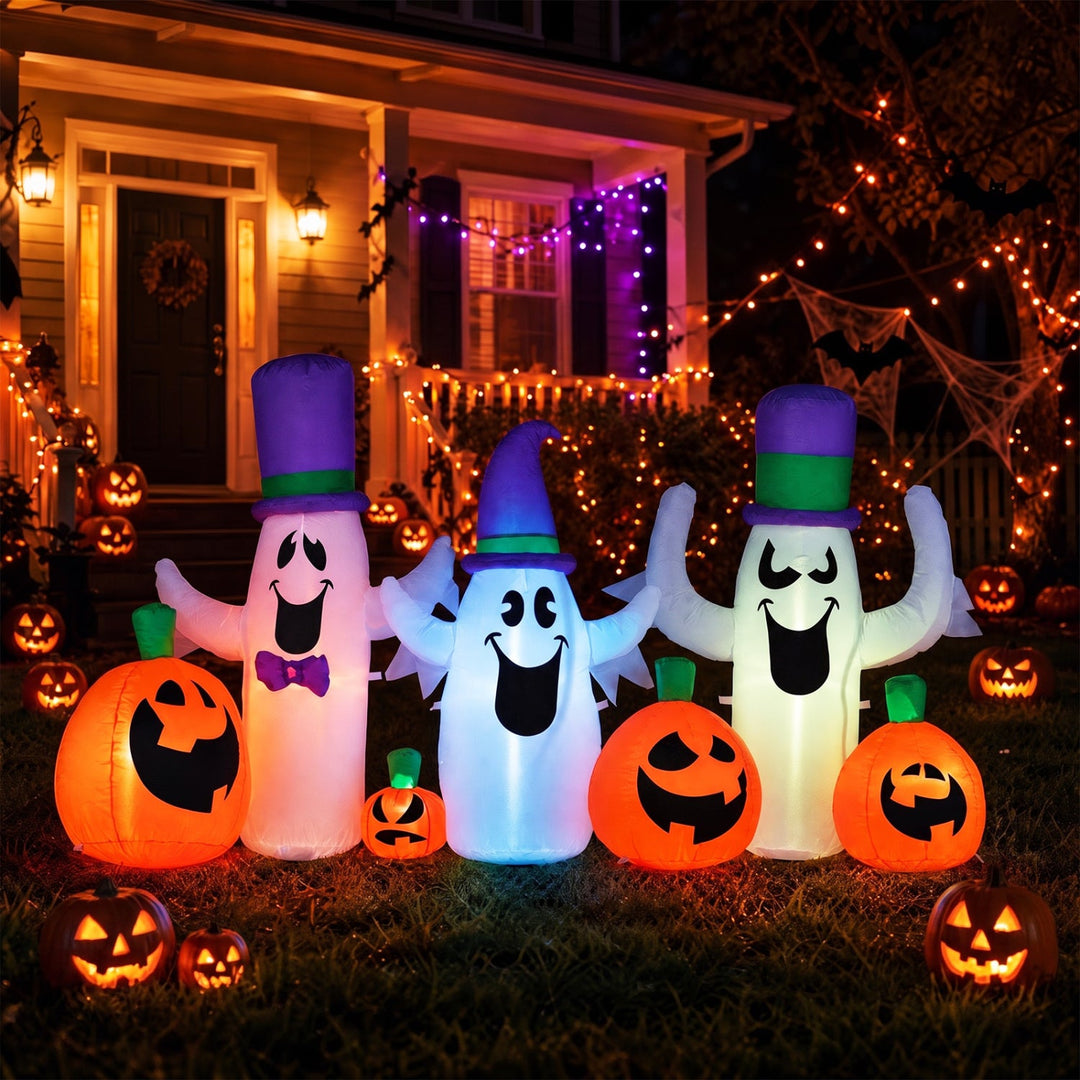 8 FT Halloween Inflatable with Ghosts and Pumpkins RGB LED