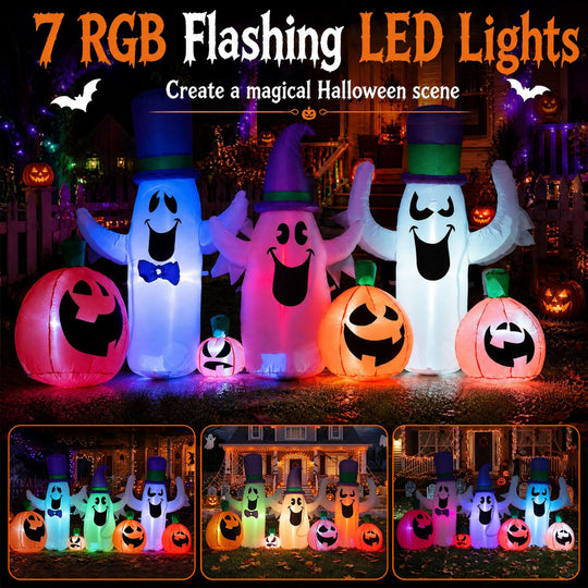 8 FT Halloween Inflatable with Ghosts and Pumpkins RGB LED