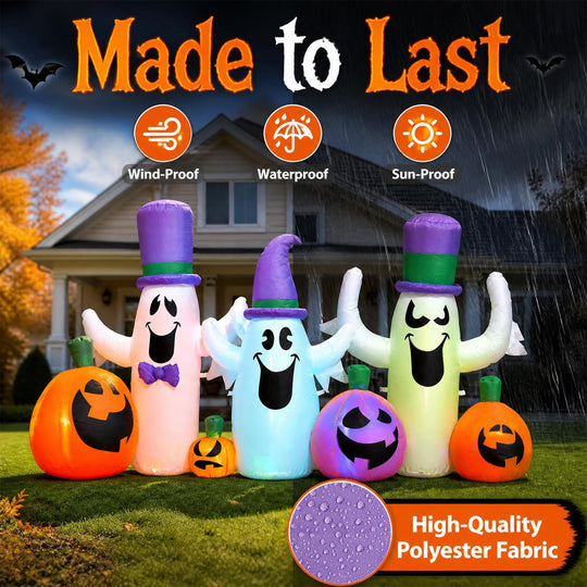 8 FT Halloween Inflatable with Ghosts and Pumpkins RGB LED