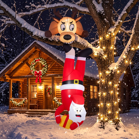 8 FT Inflatable Roof Hanging Christmas Funny Xmas Blow up Climbing Santa Claus and Reindeer