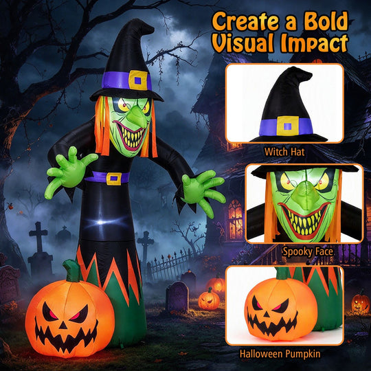 8 FT Halloween Inflatable Witch and Pumpkin with Built-in LED Lights for Holiday