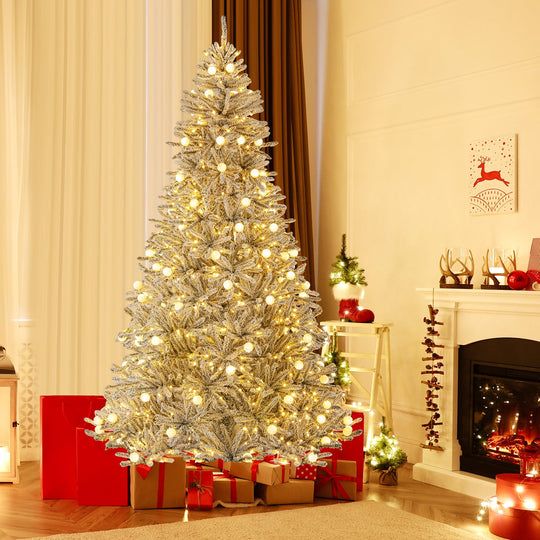 6 Feet Snow-flocked Artificial Christmas Tree Pre-lit Hinged with 81 Sphere Lights and Remote
