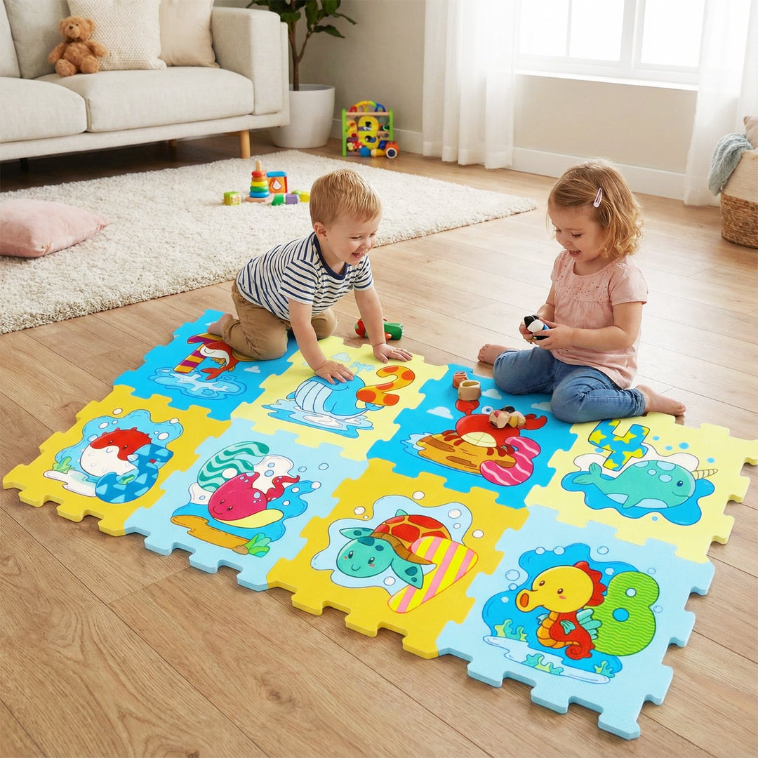 8-Piece Educational Interlocking Baby Play Mat with Animals and Numbers