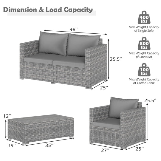 8 Pieces Patio Rattan Conversation Set with Padded Cushions for Yard-Gray