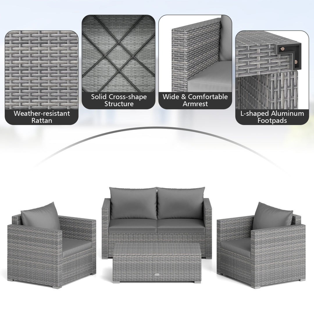 8 Pieces Patio Rattan Conversation Set with Padded Cushions for Yard-Gray
