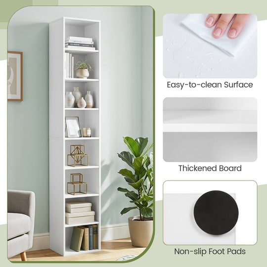8-Tier Narrow Bookshelf with Adjustable Shelves