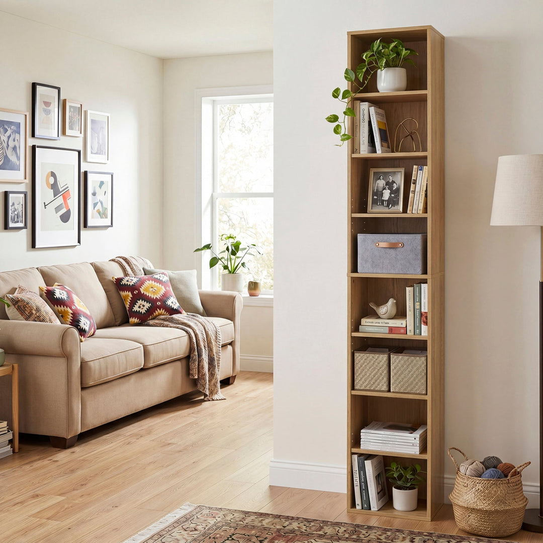 8-Tier Narrow Bookshelf with Adjustable Shelves