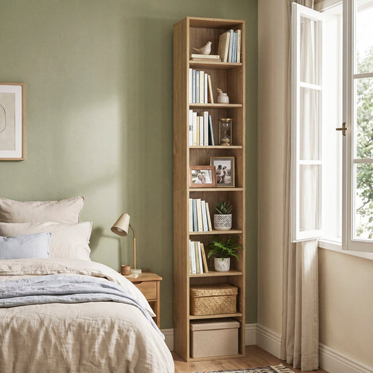 8-Tier Narrow Bookshelf with Adjustable Shelves