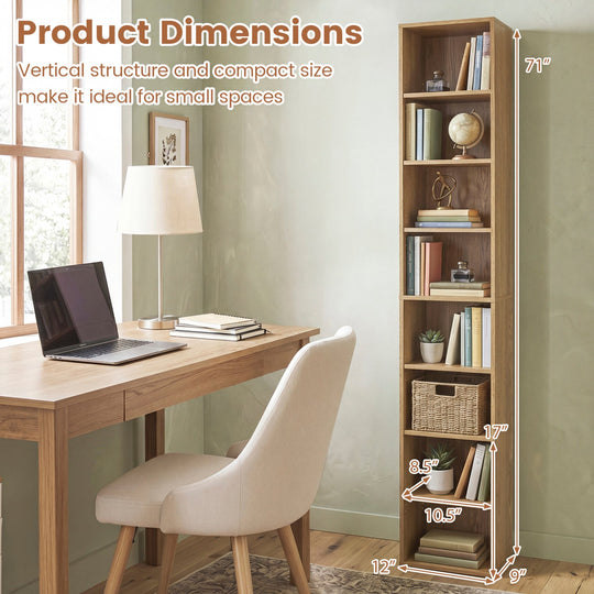 8-Tier Narrow Bookshelf with Adjustable Shelves