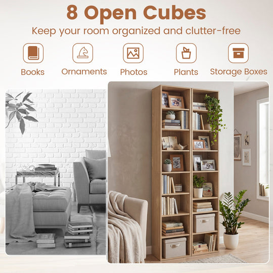 8-Tier Narrow Bookshelf with Adjustable Shelves