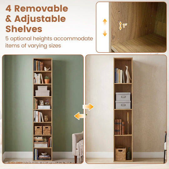 8-Tier Narrow Bookshelf with Adjustable Shelves