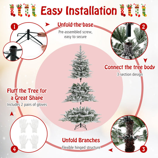 6 Feet Snow Flocked Artificial Christmas Tree with Cool White LED Lights