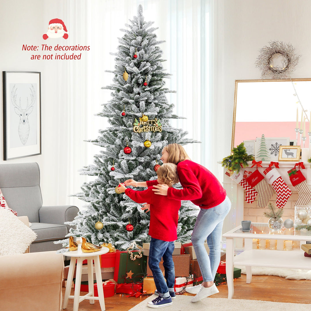 8 Feet Snow Flocked Artificial Christmas Tree with Cool White LED Lights