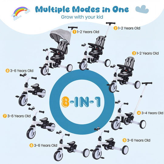 8-in-1 Folding Kids Tricycle with Removable Canopy and Push Handle