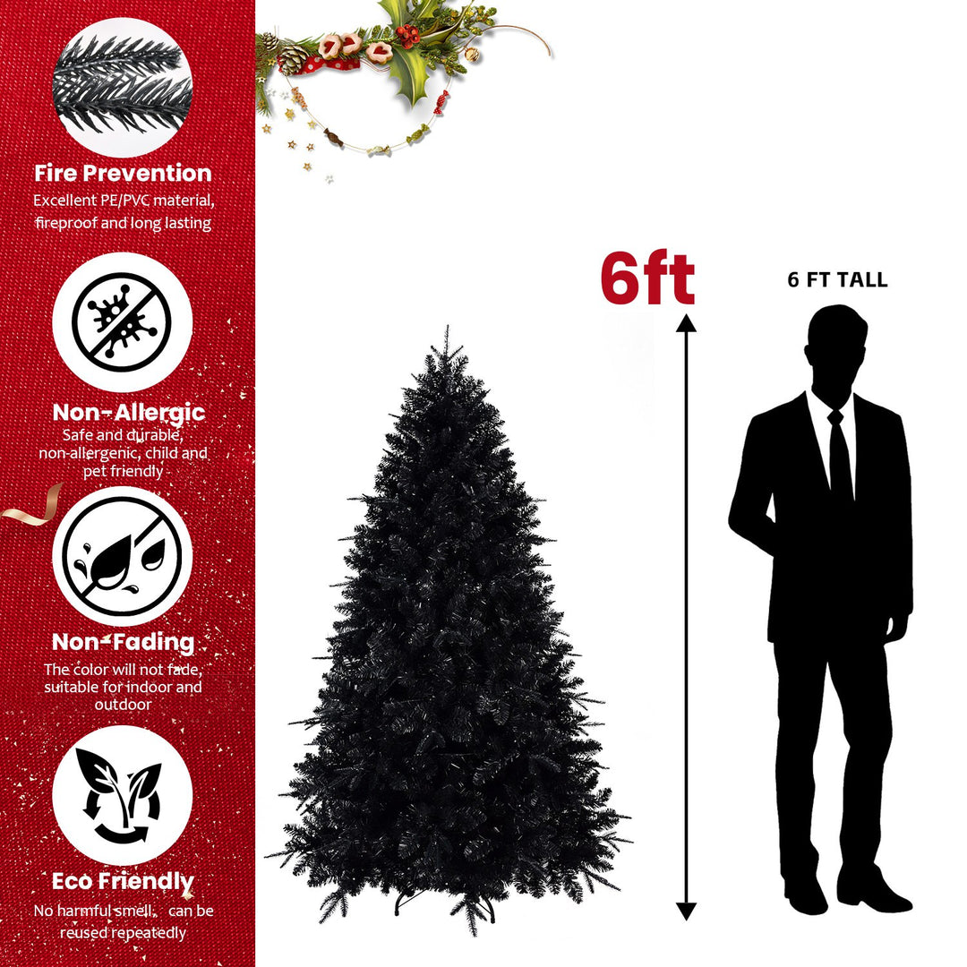 7FT Pre-Lit Black Christmas Tree with 450 White LED Lights 1916 PVC Tips Artificial Christmas Tree with Metal Stand Hing