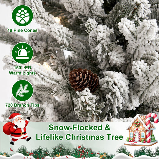 2FT Pre-Lit Flocked Christmas Tree with Pot & Pine Cones