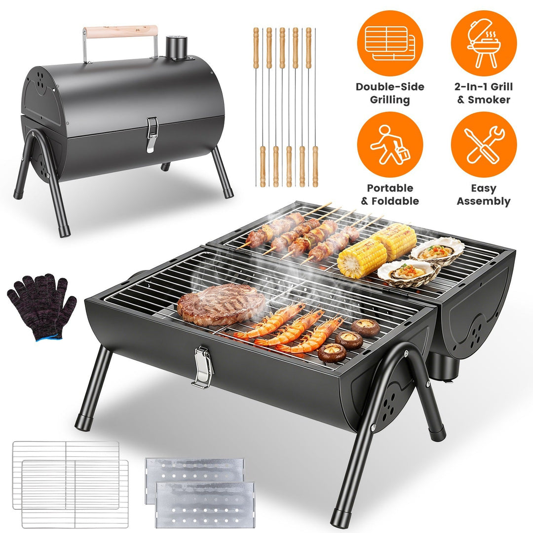 Portable Charcoal Grill with Double-Sided Cooking & 10 Skewers