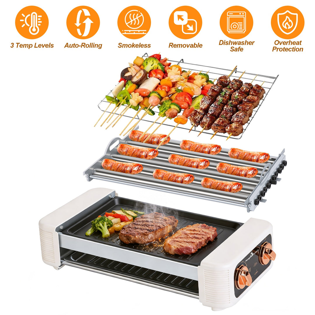 3 In 1 Electric Hot Dog Roller Machine with Grill & Griddle 6-Roller Hot Dog Cooker Smokeless Non-Stick Indoor Outdoor with 3 Temp Levels for BBQ Saus