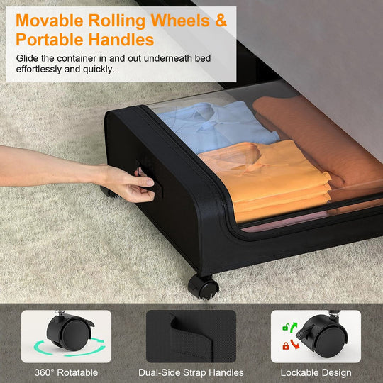 2Packs Under Bed Storage Containers Rolling Clothing Organizer 42L/11Gal Under BedÊDrawers with Clear Lid 360¡ Lockable Rolling Wheels Strap Handles