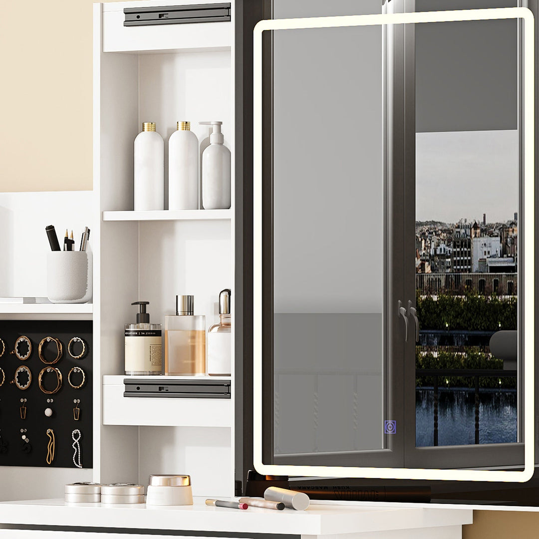 White Vanity Desk Set with LED Lighted Mirror & Padded Stool