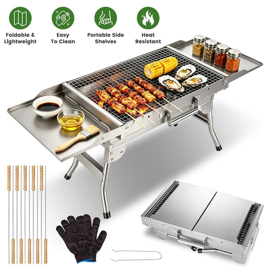 Foldable Charcoal Grill with Storage Shelf and 10 Skewers