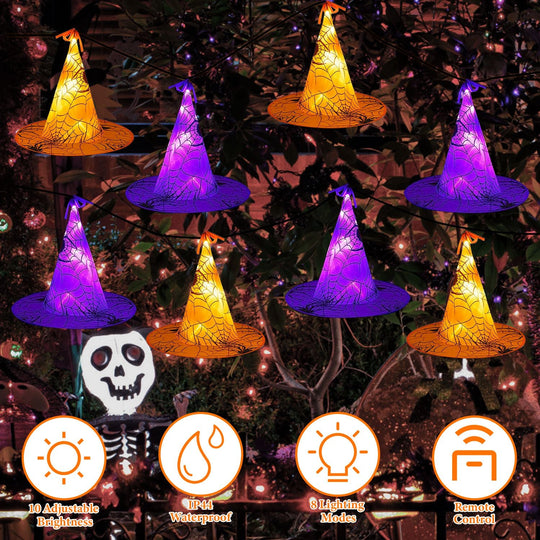 8 Pack 13FT Witch Hat Hanging String LED Light Halloween Decoration Battery Powered Remote Control 8 Lighting Modes Glowing Outdoor Indoor Halloween P