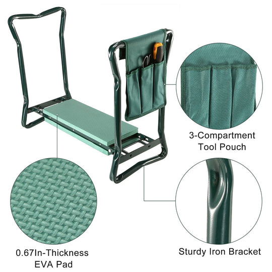 Foldable Garden Kneeler Seat w/ Kneeling Soft Cushion Pad Tools Pouch Portable Gardener Kneeling Bench Stool