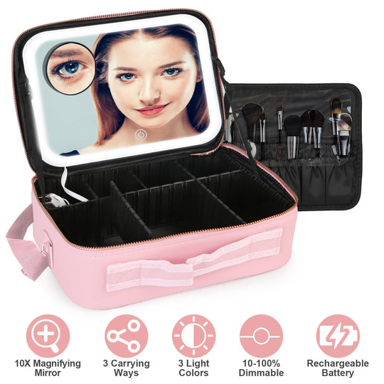 Travel Makeup Bag with LED Mirror Makeup Case Organizer with 3 Light Colors Adjustable Dividers Brush Holder Magnifying Mirror Shoulder Strap Luggage
