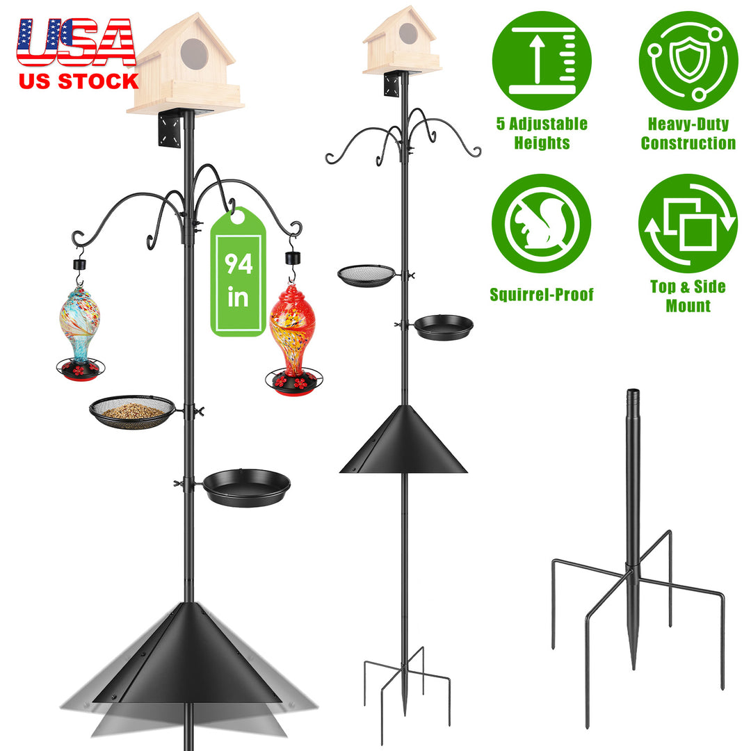 94Inch Squirrel Proof Bird Feeder Pole Heavy-Duty Bird House Pole  Outdoor Bird Feeding Station with 5 Adjustable Heights 4 Shepherd Hooks Top & Side