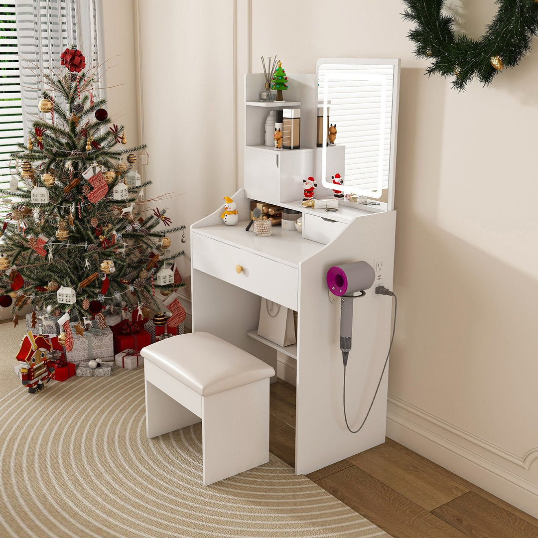 White Vanity Desk Set with LED Lighted Mirror & Padded Stool