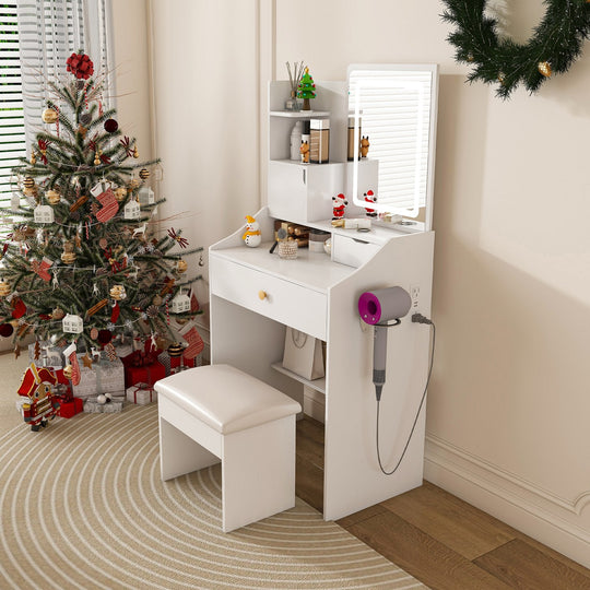 White Vanity Desk Set with LED Lighted Mirror & Padded Stool