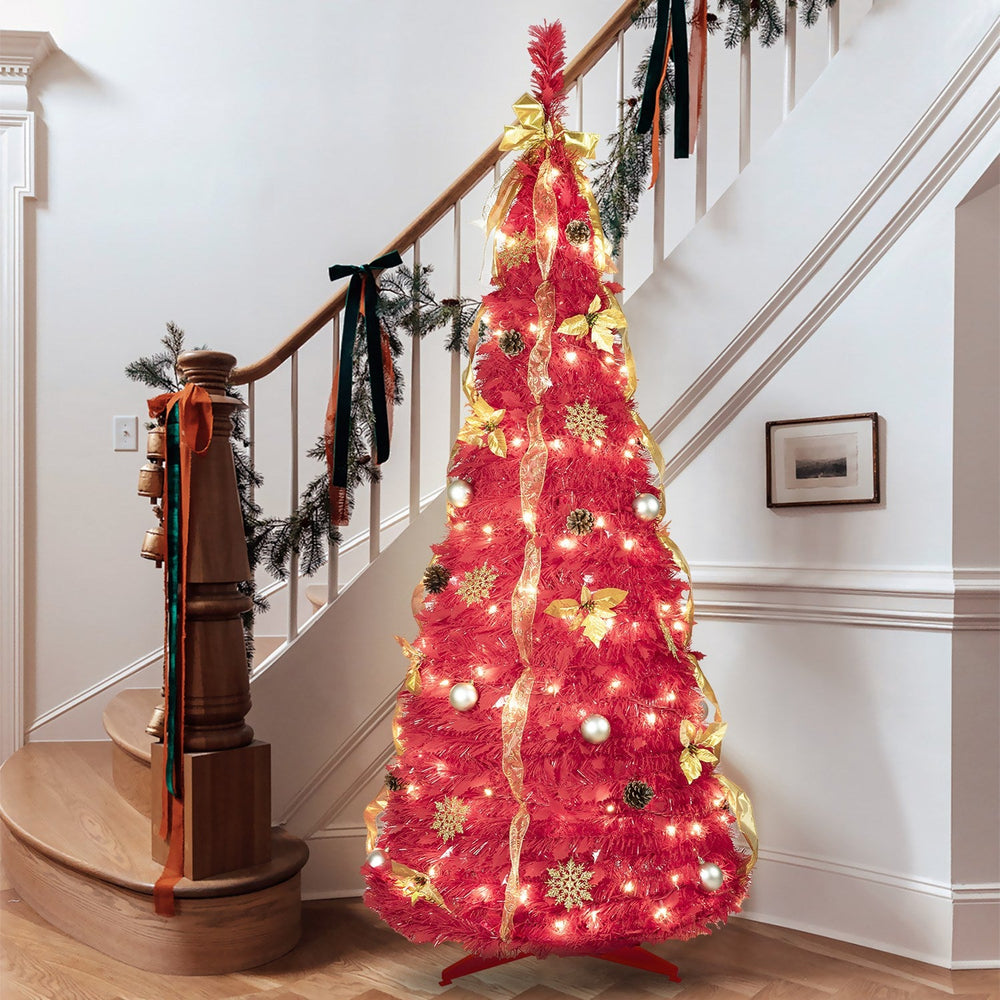 6FT Red Pre-Lit Christmas Tree with 150 LED Lights & Ornaments