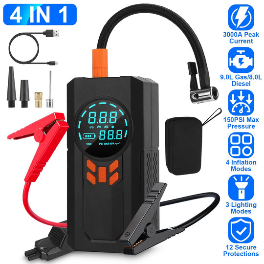 3000A 150PSI 12V Portable Jump Starter with Air Compressor 9.0L Gas/8.0L Diesel Jumper Box with 3 Light Modes Power Bank LCD Display