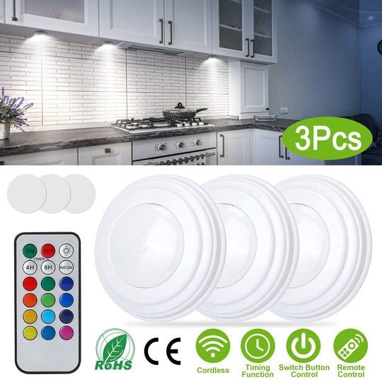 3Pcs RGB Cabinet Lights Remote Control Under Closet Stick On Lamp Multi Color LED Light Light w/ 4/8Hrs Timer