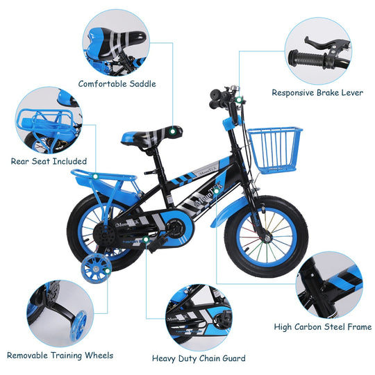 12In Kids\' Bike with Training Wheels Children Bicycle with Helmet Basket Rear Seat Chain Guard for Boys Aged 2-4