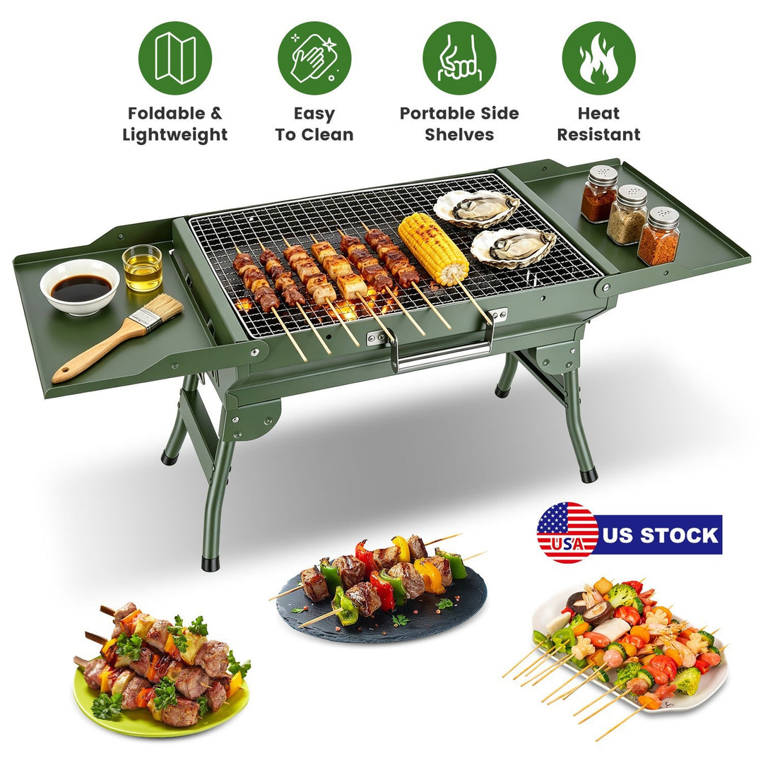 Foldable Charcoal Grill with Storage Shelf and 10 Skewers