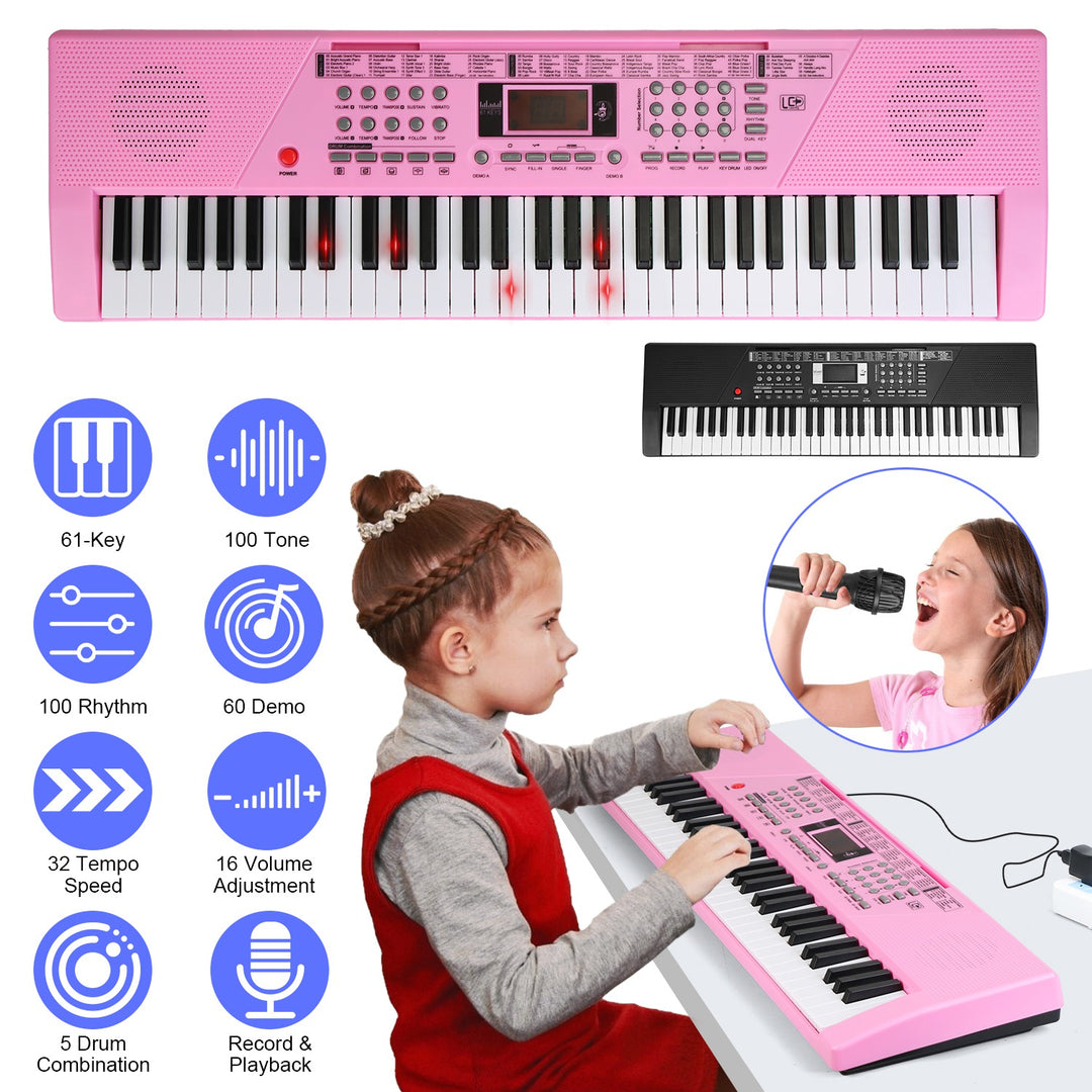 61 Keys Digital Music Keyboard Electric Piano Electronic Musical Instrument Kids Learning Keyboard with Stand Light Up Keys Microphone for 3-12 Year O