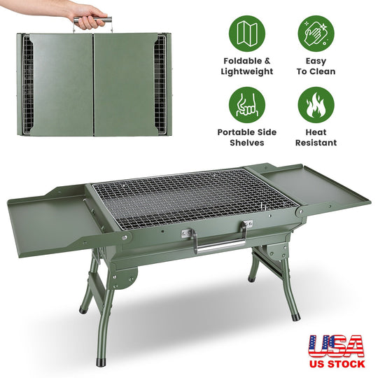 Foldable Charcoal Grill with Storage Shelf and 10 Skewers
