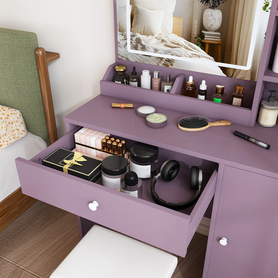 Purple Vanity Desk with Lighted Mirror & Padded Stool