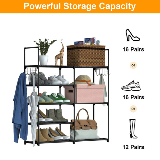 5 Tiers Plus 3 Tiers Shoe Rack Metal Shoe Storage Shelf Free Standing Shoe Stand 16+ Pairs Shoe Tower Unit Tall Shoe Organizer with 2 Row Hooks for En