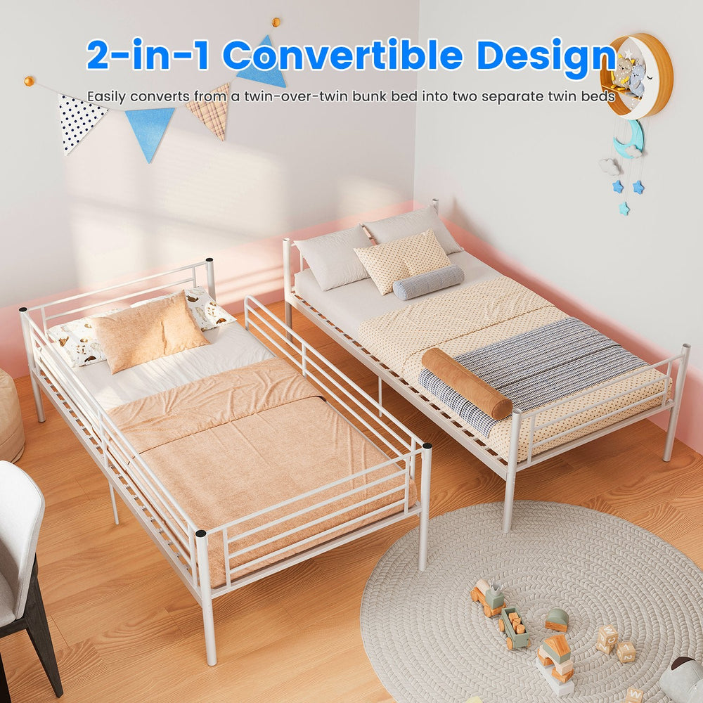 Twin Over Twin Metal Bunk Bed with Ladder and Guardrails