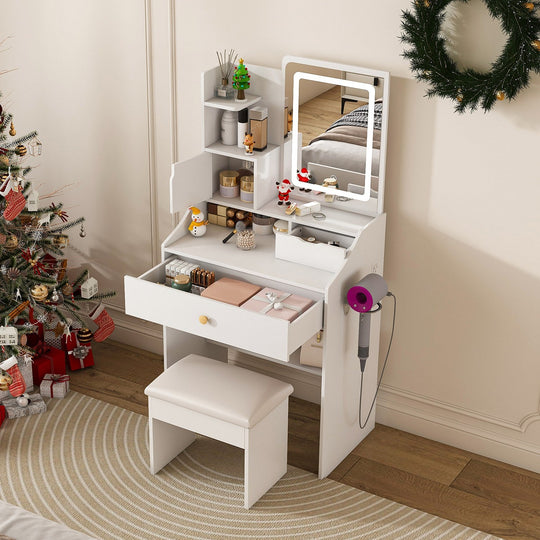 White Vanity Desk Set with LED Lighted Mirror & Padded Stool