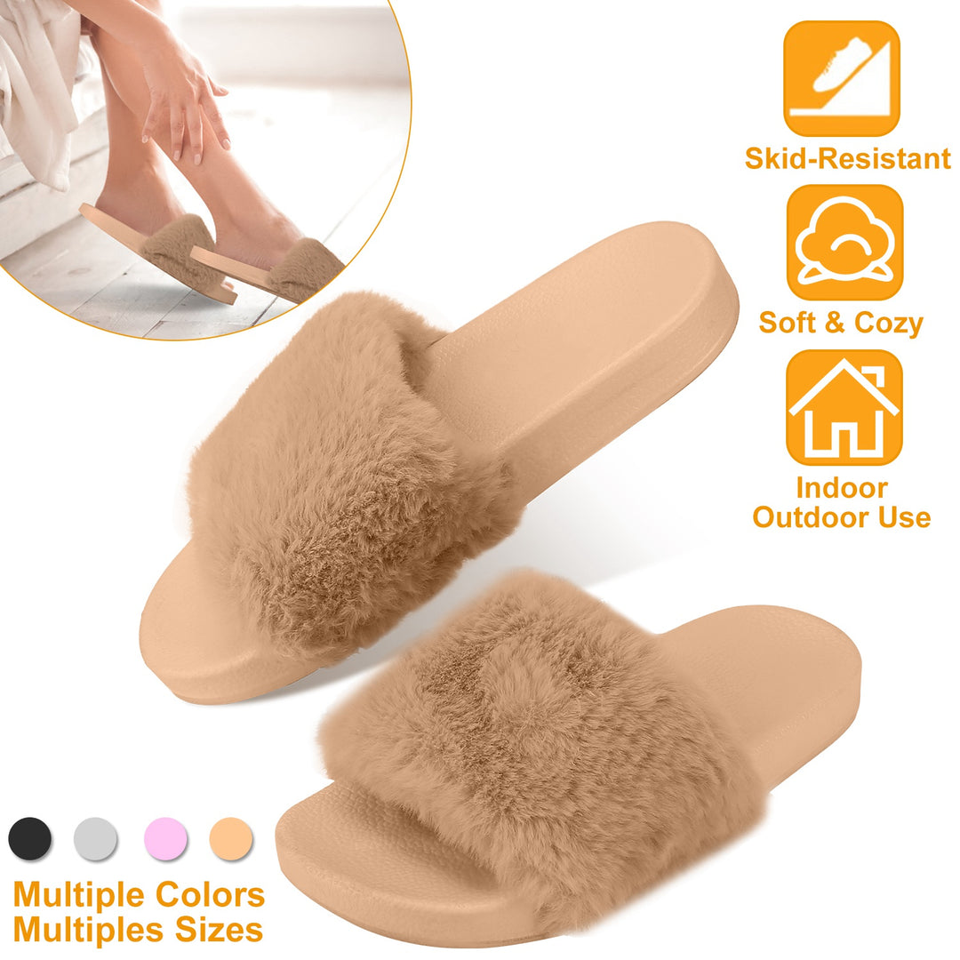 Women Faux Fur Slippers Open Toe Indoor Outdoor Flat Slide Sandals Anti-skid Lady House Shoes