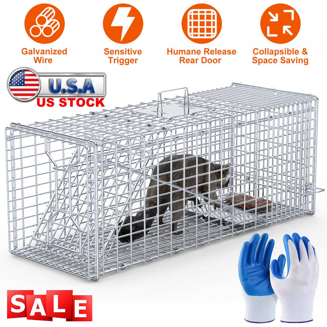 Live Animal Trap Cage 37x14x15in Folding Catch and Release Humane Cat Trap Galvanized Iron for Raccoons Foxes Coyotes Stray Dogs Armadillos Squirrels
