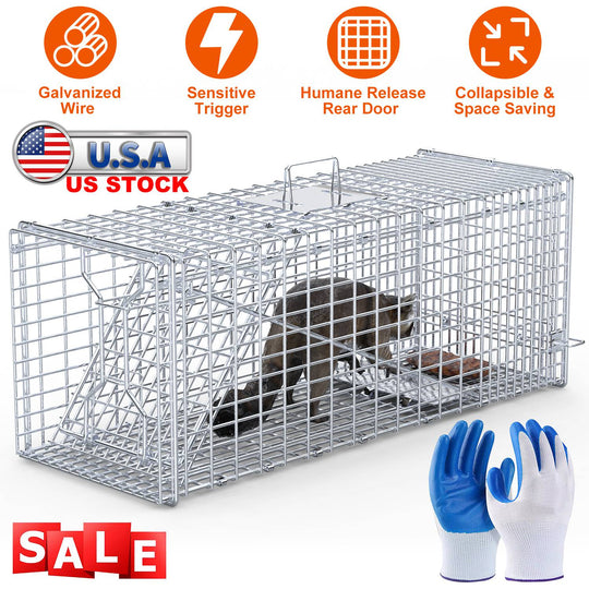 Live Animal Trap Cage 37x14x15in Folding Catch and Release Humane Cat Trap Galvanized Iron for Raccoons Foxes Coyotes Stray Dogs Armadillos Squirrels