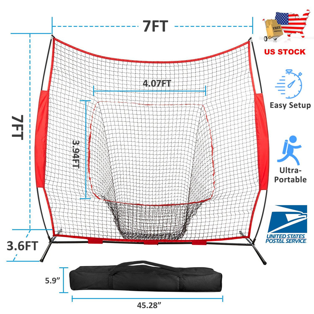 7x7ft Baseball Softball Teeball Practice Net Batting Hitting Pitching Training Net w/ Bow Frame Carrying Bag for Solo Team Training