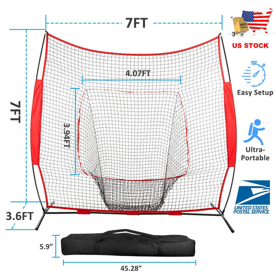 7x7ft Baseball Softball Teeball Practice Net Batting Hitting Pitching Training Net w/ Bow Frame Carrying Bag for Solo Team Training