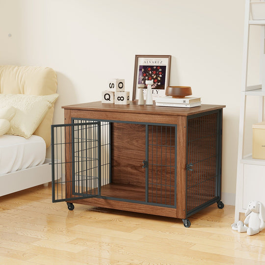 Dog Crate Furniture with Lockable Wheels & Dual Doors