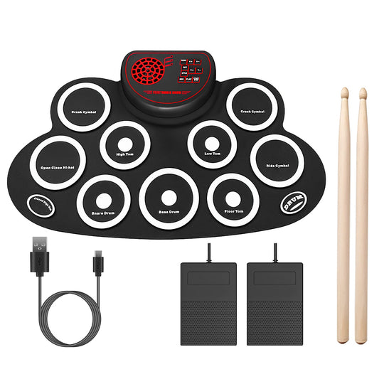 10 Pads Electric Drum Set Foldable 10-Drum Silicon Drum Kit Foldable Electronic Drum Pad Machine with Drum Sticks Headphone Jack Speaker Battery Dual-